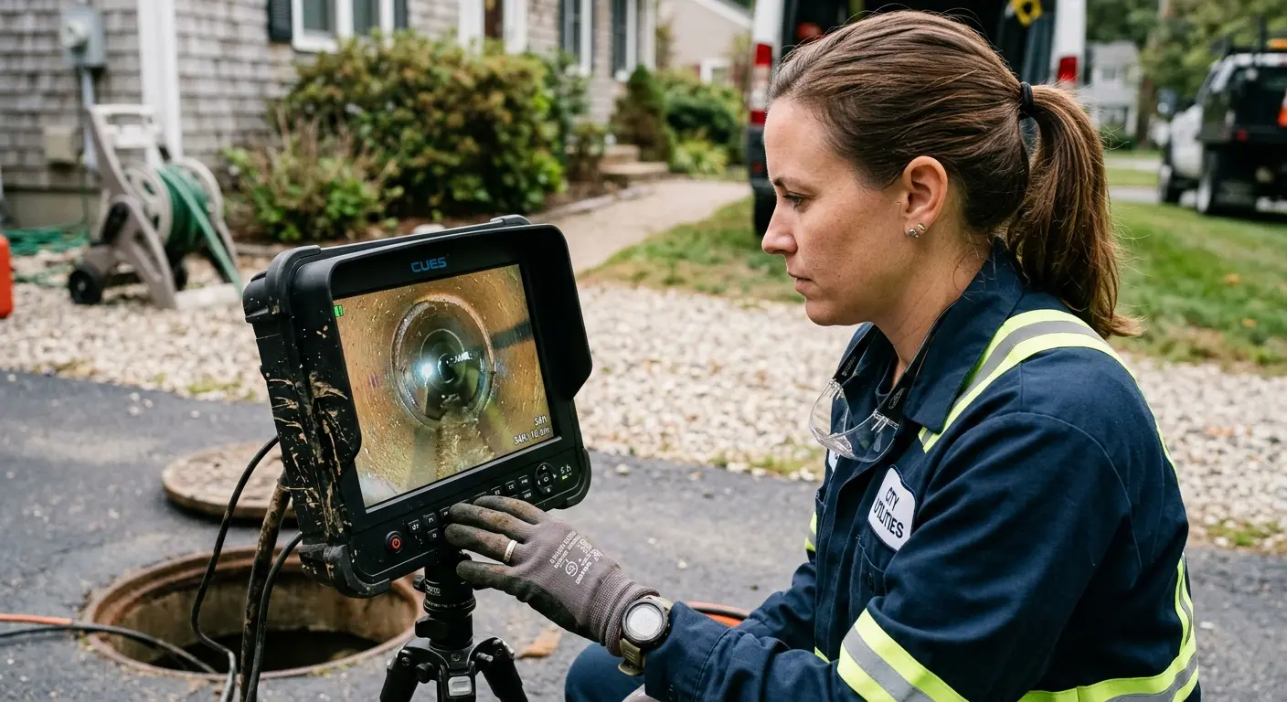 Technician reviewing sewer camera inspection footage in Hamilton