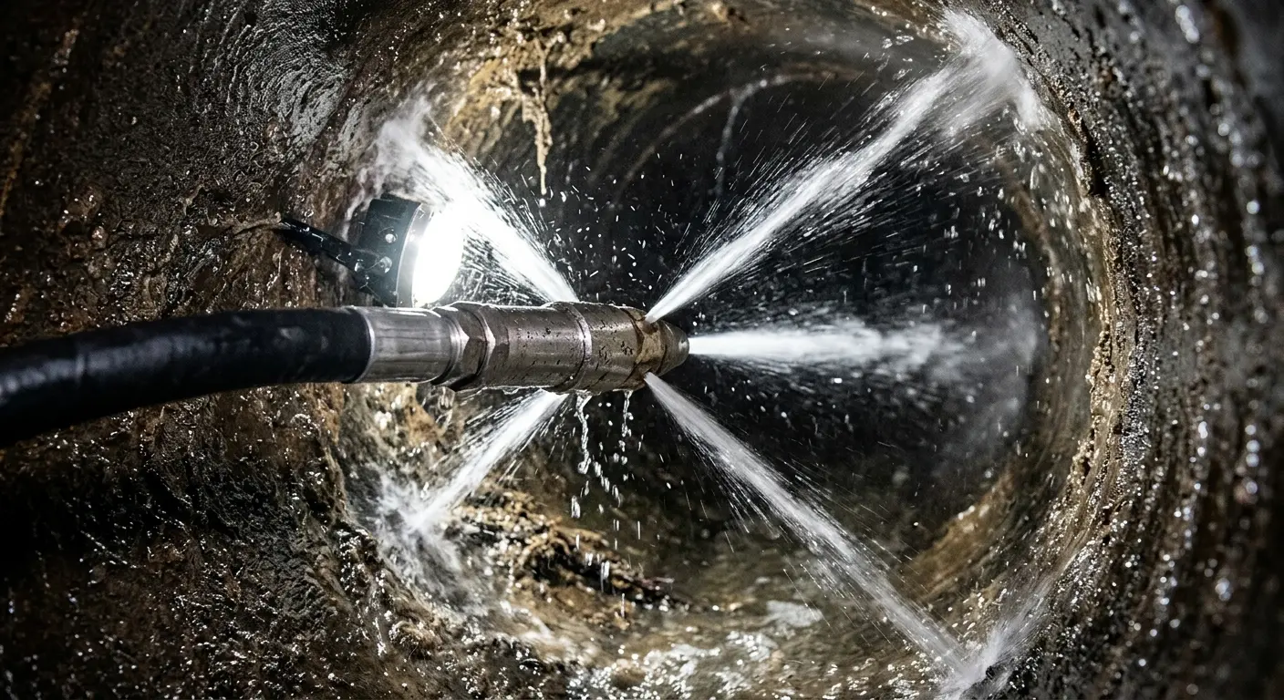 High-pressure hydro jetting nozzle cleaning sewer pipe for Sewer Cleanout in Hamilton