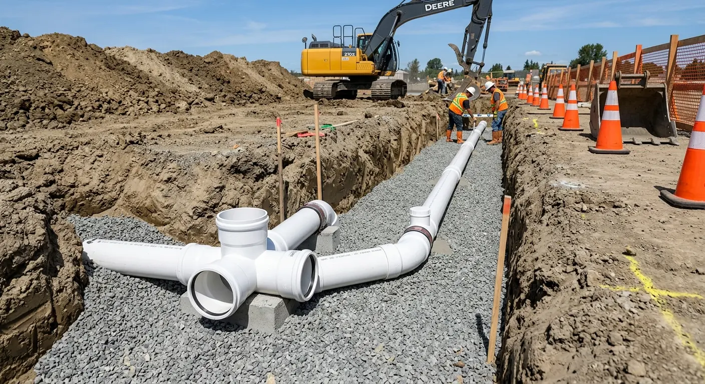 New PVC sewer pipe installation in open trench for Commercial Drain Cleaning in Hamilton